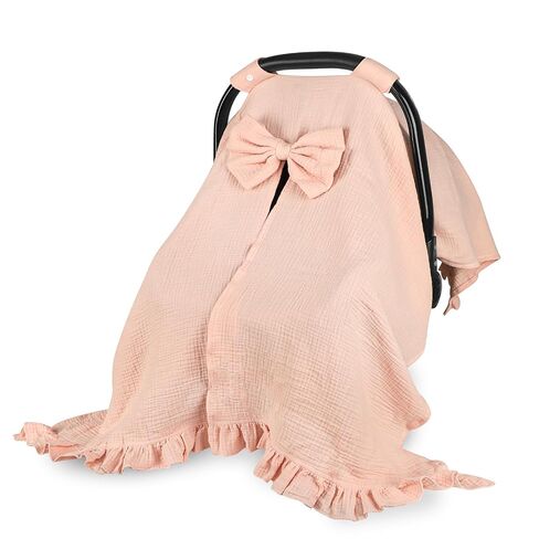 Hooyax Muslin Baby Girl Car Seat Cover – Breathable Summer Car Seat Canopy with Removable Bow & Ruffle, Multi-Functional Stroller Cover & Baby Blanket, Sun Protection, Princess Baby Shower Gift(Pink) in Kuwait