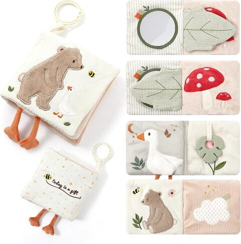 Soft Baby Book, Aesthetic Sensory Crinkle Cloth Books for Babies 0-12 Months, Bear Goose Tummy Time Toy with Shatterproof Mirror, Squeaker, Silicone Teether, Washable Newborn Gift in Saudi Arabia
