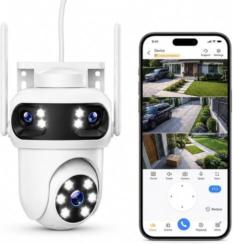 Triple-Lens Security Camera Wireless Outdoor, WiFi Camera for Home Security, Auto-Tracking, 24/7 Record, IP66 Waterproof Outdoor Indoor, Compatible with Camcamp Wireless Security Camera System in Kuwait