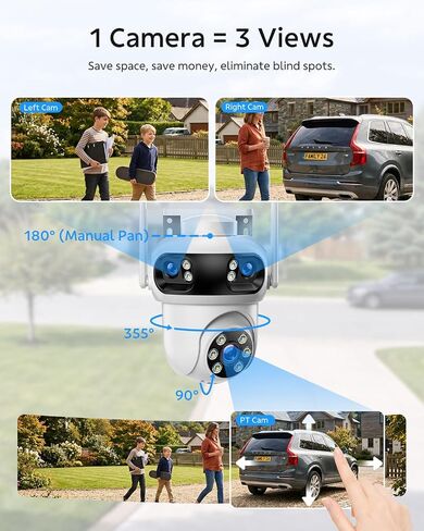 Triple-Lens Security Camera Wireless Outdoor, WiFi Camera for Home Security, Auto-Tracking, 24/7 Record, IP66 Waterproof Outdoor Indoor, Compatible with Camcamp Wireless Security Camera System in Kuwait