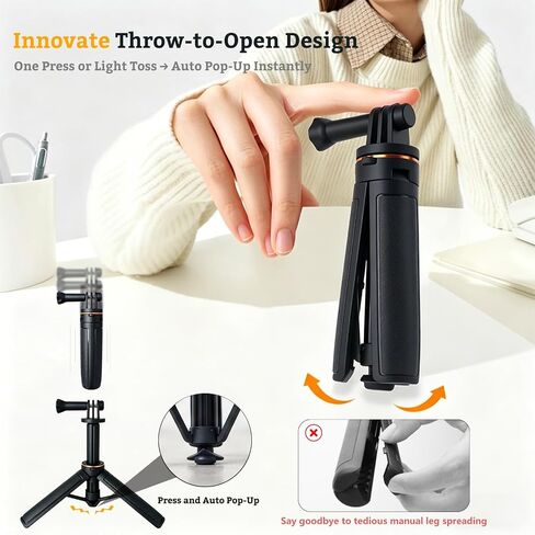 Auto-Open Selfie Stick Tripod for DJI Osmo Pocket 3/4/4P, Gopro | Throw-to-Open, Portable Vlog Handle Grip for Travel Hiking Vlogging, Pocket-Sized & Ultra-Lightweight, Enhanced Stability in Kuwait