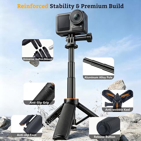 Auto-Open Selfie Stick Tripod for DJI Osmo Pocket 3/4/4P, Gopro | Throw-to-Open, Portable Vlog Handle Grip for Travel Hiking Vlogging, Pocket-Sized & Ultra-Lightweight, Enhanced Stability in Kuwait