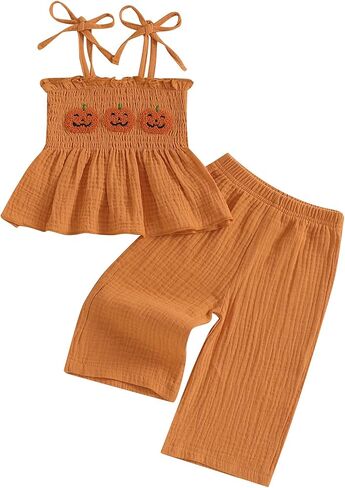 Toddler Girl Halloween Outfit Smocked Peplum Top and Pants Set | Pumpkin Patch Outfit Toddler Girl Spaghetti Strap Smocked Tank Top Wide Leg Pants Muslin/Plaid 2 Piece Set Fall Holiday Party in Kuwait