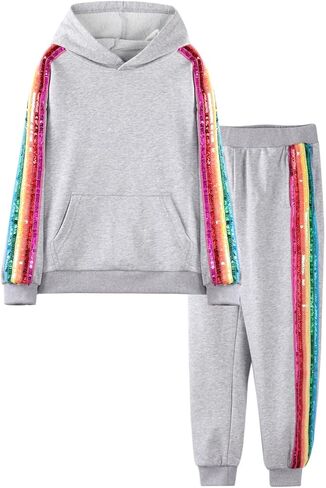 WELAKEN Girls 2-Piece Hoodie & Sweatpants Set with Rainbow Sequin Stripes | 100% cotton, kangaroo pocket hoodie, elastic waist sweatpants, cozy casual athletic wear for girls in Saudi Arabia