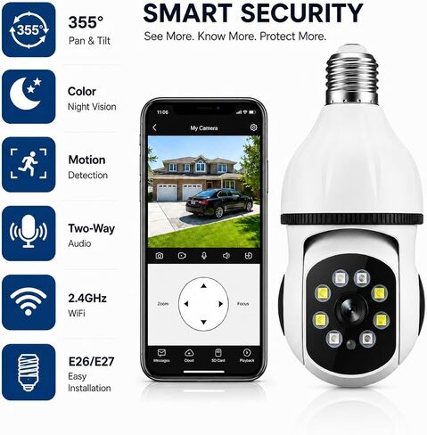 2K Light Bulb Security Camera for Home, 360° Pan Tilt Indoor Outdoor Camera with Color Night Vision, Motion Detection, Two-Way Audio, App Remote Control, E27 Easy Installation in Saudi Arabia
