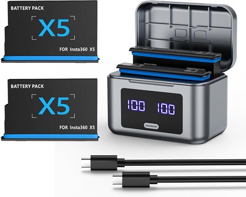 2026 Upgrade 360X5 Battery Charger Bundle, 2-Pack 2800mAh Replacement Battery, LED Battery Level Display Fast Charging Case for Insta360 X5 Camera Accessories(Batteries*2 + Charger*1) in Kuwait