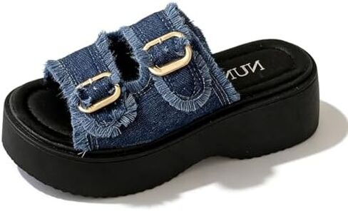 Women's Denim Platform Slide Sandals with Double Buckle Comfortable Round Open Toe Chunky Wedge Heel Y2K Summer Slides for Vacation Beach in Saudi Arabia