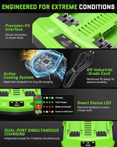 24V Dual Port Fast Charger Replacement for Greenworks 24V Battery Charger CAG812 CAG80009 2938202 2961702, Simultaneous Rapid Charger Fits Greenworks 24V Batteries BAG724 BAG70001 LB24A050 in Kuwait