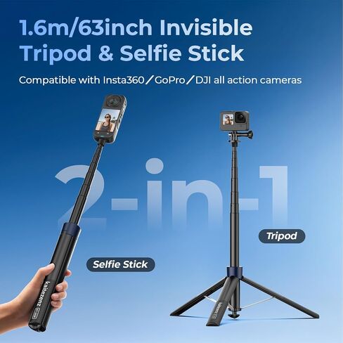 حامل ثلاثي غير مرئي 63 بوصة من Kaitezenz لكاميرات الحركة Insta360 Ace/Ace Pro 2/GO Ultra/GO 3S/ONE X2/X3/X4/X5، مقبض عمود تمديد لـ GoPro، DJI Osmo Pocket 3/4 in Kuwait