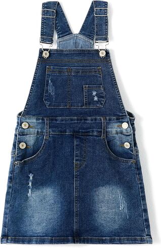 KIDSCOOL Girls Casual Soft Ripped Jeans Overalls Dress A-Line Denim Skirt | Features classic jeans overalls dress style with adjustable straps, ripped details, bib pockets, and a versatile outfit in Kuwait
