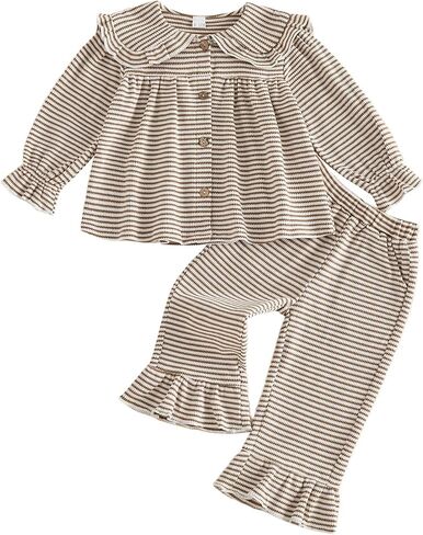 Baby Girl Clothes Waffle Knit Long Sleeve Shirt Top Ruffle Pants Set Spring Fall Winter Toddler Girls Outfits 6M-4T in Kuwait