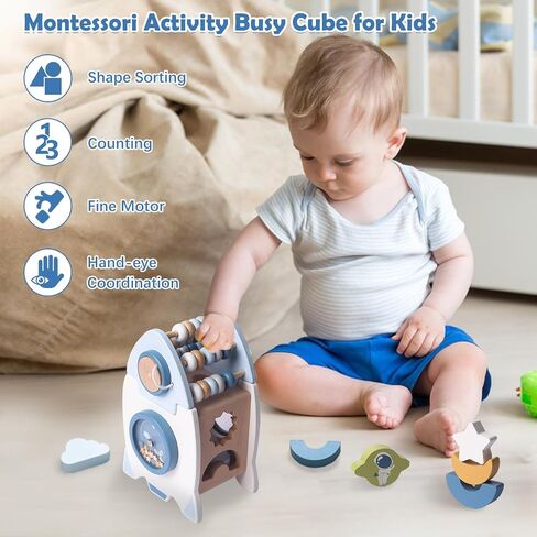 Wooden Space Toy for Baby, Montessori Toys for Babies, Toddler Rocket Toy, Sensory Activity Cube Learning Game, 1st Birthday Gift for Boys and Girls in Saudi Arabia