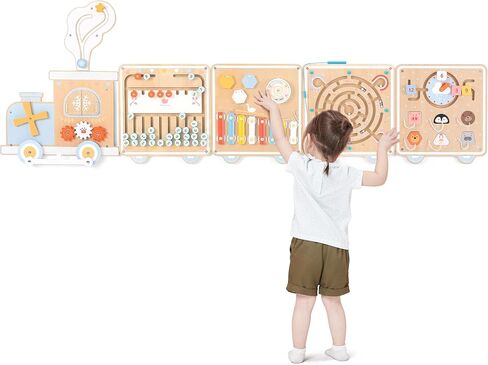 Pillowhale Train Activity Wall Busy Board, Wooden Montessori Sensory Toys, 12-in-1 Learning Activity Center for Playroom,Daycare, Nursery, Classroom, Educational Toys for Toddler | 12-in-1 Learning Activity Center for Playroom,Daycare, Nursery, Classroom, in Kuwait