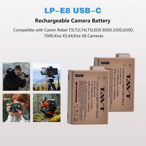 2Pcs LP-E8 USB-C Rechargerable Battery, for Canon LP-E8 LC-E8E Canon Rebel T3i,T2i,T4i,T5i,EOS 600D,550D,650D,700D,Kiss X5,X4,Kiss X6 Cameras in Saudi Arabia