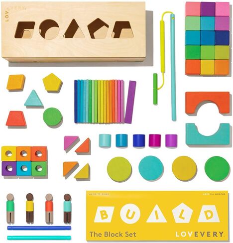 LOVEVERY | The Block Set | Solid Wood Building Blocks and Shapes + Wooden Storage Box, 70 Pieces, 18 Colors, 20+ Activities, Toddler Block Set and Converts into a Pull Car, Ages 12 to 48+ months in Saudi Arabia