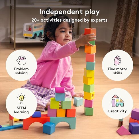 LOVEVERY | The Block Set | Solid Wood Building Blocks and Shapes + Wooden Storage Box, 70 Pieces, 18 Colors, 20+ Activities, Toddler Block Set and Converts into a Pull Car, Ages 12 to 48+ months in Saudi Arabia