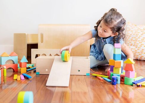 LOVEVERY | The Block Set | Solid Wood Building Blocks and Shapes + Wooden Storage Box, 70 Pieces, 18 Colors, 20+ Activities, Toddler Block Set and Converts into a Pull Car, Ages 12 to 48+ months in Saudi Arabia
