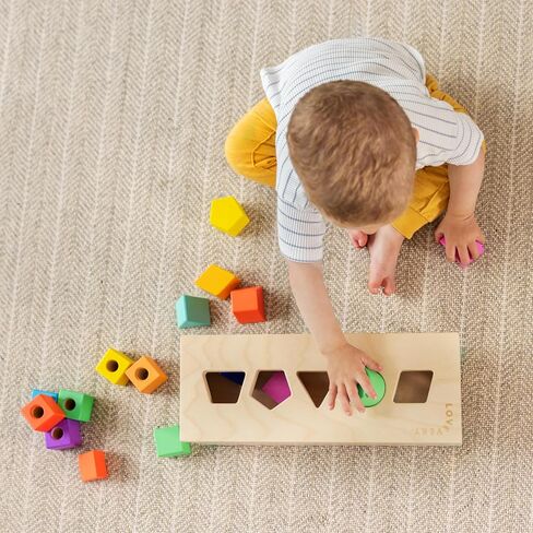 LOVEVERY | The Block Set | Solid Wood Building Blocks and Shapes + Wooden Storage Box, 70 Pieces, 18 Colors, 20+ Activities, Toddler Block Set and Converts into a Pull Car, Ages 12 to 48+ months in Kuwait