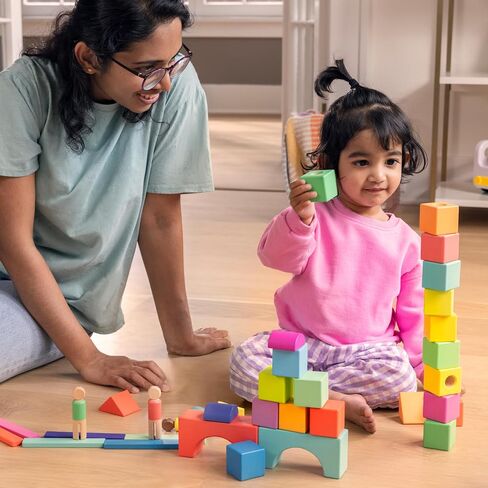 LOVEVERY | The Block Set | Solid Wood Building Blocks and Shapes + Wooden Storage Box, 70 Pieces, 18 Colors, 20+ Activities, Toddler Block Set and Converts into a Pull Car, Ages 12 to 48+ months in Saudi Arabia