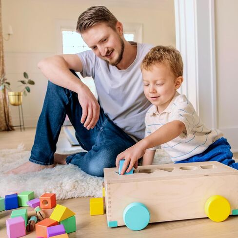 LOVEVERY | The Block Set | Solid Wood Building Blocks and Shapes + Wooden Storage Box, 70 Pieces, 18 Colors, 20+ Activities, Toddler Block Set and Converts into a Pull Car, Ages 12 to 48+ months in Saudi Arabia