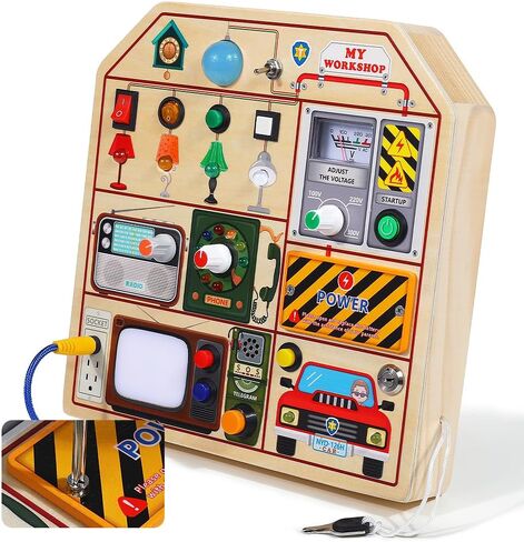 JAUNTY Montessori Wooden Busy Board for Toddlers 3 4 5 Years Old, Wooden Sensory Toddler Toys with LED Light Switches, TV Radio Telegram and Car Driving, Travel Toys Birthday for Boys Girls in Saudi Arabia