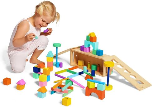 LOVEVERY | The Block Set | Solid Wood Building Blocks and Shapes + Wooden Storage Box, 70 Pieces, 18 Colors, 20+ Activities, Toddler Block Set and Converts into a Pull Car, Ages 12 to 48+ months in Saudi Arabia