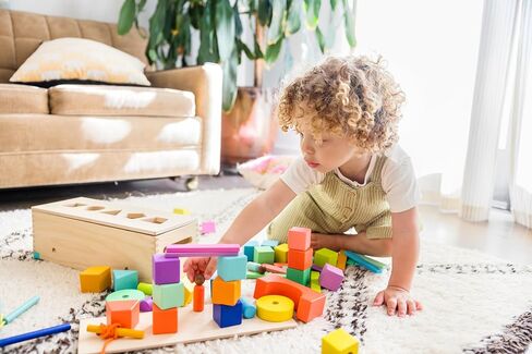 LOVEVERY | The Block Set | Solid Wood Building Blocks and Shapes + Wooden Storage Box, 70 Pieces, 18 Colors, 20+ Activities, Toddler Block Set and Converts into a Pull Car, Ages 12 to 48+ months in Saudi Arabia