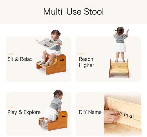StrongTek 2-Step Stool, Pine Wood, Custom Name Display, Non-Slip Pads | Alphabet Blocks for Custom Name Display, Lightweight Design, Easy to Clean, Bedroom, Playroom and Home Use in Saudi Arabia