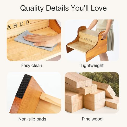 StrongTek 2-Step Stool, Pine Wood, Custom Name Display, Non-Slip Pads | Alphabet Blocks for Custom Name Display, Lightweight Design, Easy to Clean, Bedroom, Playroom and Home Use in Saudi Arabia