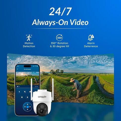 Waggle 4G LTE Cellular Security Camera Wireless Outdoor - 360° Live View, 2K Color Night Vision, PIR Motion Sensor, 2 Way Talk, Built in SIM Card - Solar Panel Included - Subscription Required in Kuwait