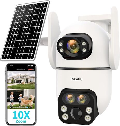 ESCANU Three-Lens Security Camera Wireless Outdoor,2K 360° View Cameras for Home Security,Solar Battery Powered Camera with10x Hybrid Zoom,Motion Detection,Night Vision,No Subscription Fee,Waterproof in Saudi Arabia