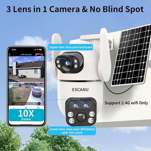 ESCANU Three-Lens Security Camera Wireless Outdoor,2K 360° View Cameras for Home Security,Solar Battery Powered Camera with10x Hybrid Zoom,Motion Detection,Night Vision,No Subscription Fee,Waterproof in Saudi Arabia