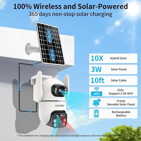 ESCANU Three-Lens Security Camera Wireless Outdoor,2K 360° View Cameras for Home Security,Solar Battery Powered Camera with10x Hybrid Zoom,Motion Detection,Night Vision,No Subscription Fee,Waterproof in Saudi Arabia