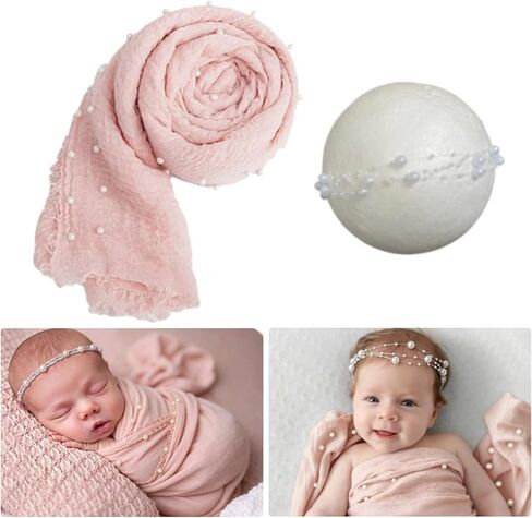 Pearl Wrap and Headband Newborn Photography Props Set, Pink | Cotton-Polyester Blend, Skin-friendly and Durable, Soft and Elastic, Pearl Accessories, Free Collocation in Saudi Arabia