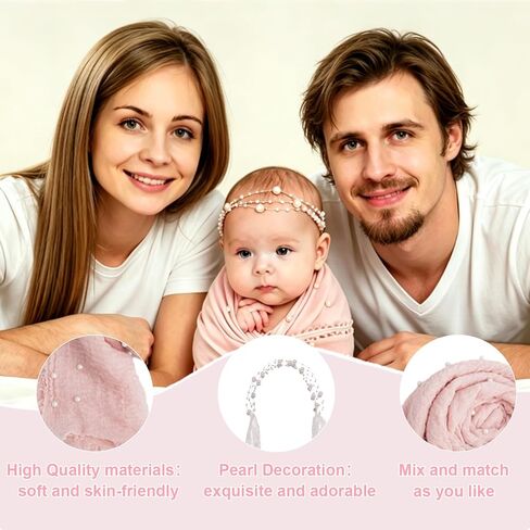 Pearl Wrap and Headband Newborn Photography Props Set, Pink | Cotton-Polyester Blend, Skin-friendly and Durable, Soft and Elastic, Pearl Accessories, Free Collocation in Saudi Arabia