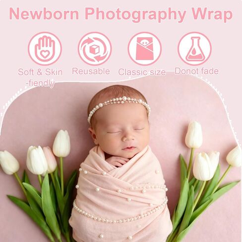 Pearl Wrap and Headband Newborn Photography Props Set, Pink | Cotton-Polyester Blend, Skin-friendly and Durable, Soft and Elastic, Pearl Accessories, Free Collocation in Saudi Arabia
