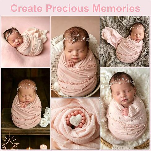Pearl Wrap and Headband Newborn Photography Props Set, Pink | Cotton-Polyester Blend, Skin-friendly and Durable, Soft and Elastic, Pearl Accessories, Free Collocation in Saudi Arabia
