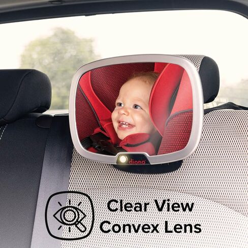 Diono Easy View Plus Baby Car Mirror with Light, Safety Car Seat Mirror for Rear Facing Infant with 360 Rotation, LED Night Light, Wide Crystal Clear View, Shatterproof, Crash Tested in Saudi Arabia