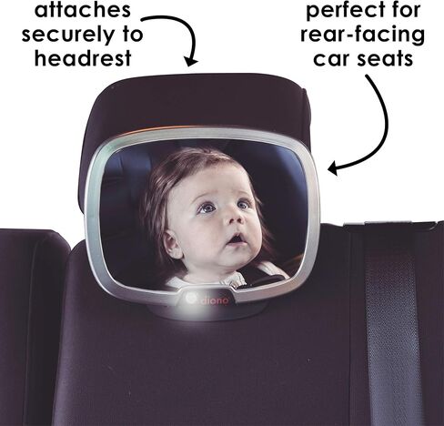 Diono Easy View Plus Baby Car Mirror with Light, Safety Car Seat Mirror for Rear Facing Infant with 360 Rotation, LED Night Light, Wide Crystal Clear View, Shatterproof, Crash Tested in Saudi Arabia