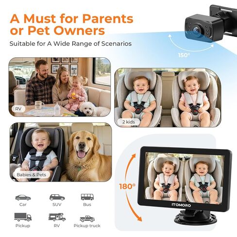 Itomoro Rear Facing Mirrors, 2 Kids Baby Car Camera, 7'' Ultra Wide 1080P HD Display with 2 IR Night Vision Cameras, 150° Wide Angle, 360° Rotatable, Easy Install in Saudi Arabia