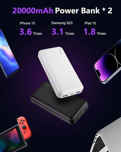 Miady 2-Pack شاحن محمول 22.5 واط قوة البنك 20000 مللي أمبير بطارية السفر | شحن سريع، USB مزدوج، 3 مخرجات، مدخلين، سعة عالية، متوافق مع iPhone 17 Android وما إلى ذلك، 74 وات في الساعة، للتخييم، أسود + أبيض in Kuwait