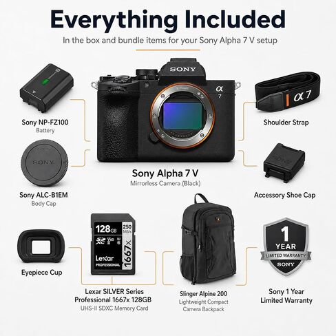 كاميرا Sony Alpha 7 V بدون مرآة، ومستشعر Exmor RS مكدس جزئيًا بدقة 33 ميجابكسل، ومعالج BIONZ XR2، والتركيز التلقائي AI، وفيديو 4K 60p 10 بت، مع بطاقة UHS-II SDXC بسعة 128 جيجابايت، وحقيبة ظهر وضمان لمدة عام من سوني in Kuwait