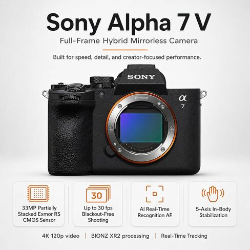 كاميرا Sony Alpha 7 V بدون مرآة، ومستشعر Exmor RS مكدس جزئيًا بدقة 33 ميجابكسل، ومعالج BIONZ XR2، والتركيز التلقائي AI، وفيديو 4K 60p 10 بت، مع بطاقة UHS-II SDXC بسعة 128 جيجابايت، وحقيبة ظهر وضمان لمدة عام من سوني in Kuwait