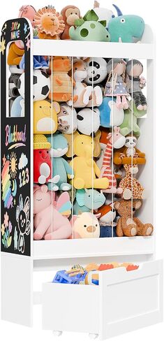 51.2" H Stuffed Animal Storage with Blackboard, Kids Toy Storage with 180L Stuffed Zoo for 80+ Plushies and Rolling Toy Box, Wooden Organizer Shelf for Girls Boys Bedroom/Playroom in Kuwait
