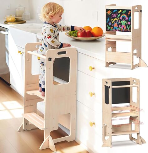 Toddler Kitchen Step Stool, Adjustable Height Learning Standing Tower with Blackboard, Wooden Kitchen Stool Helper for Kids, 1-3 Year Old Boy Girl Gifts in Saudi Arabia
