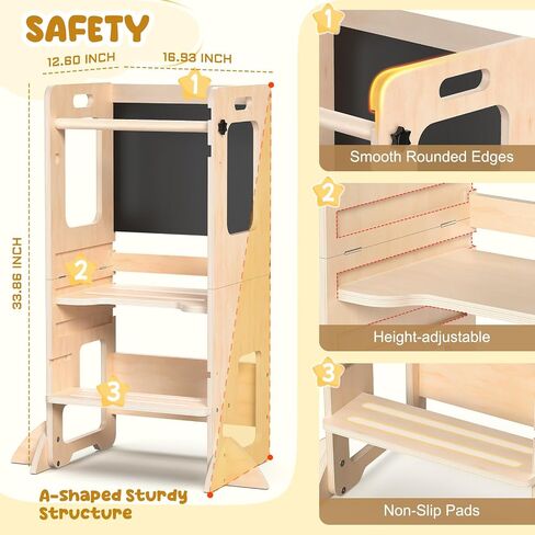 Toddler Kitchen Step Stool, Adjustable Height Learning Standing Tower with Blackboard, Wooden Kitchen Stool Helper for Kids, 1-3 Year Old Boy Girl Gifts in Saudi Arabia