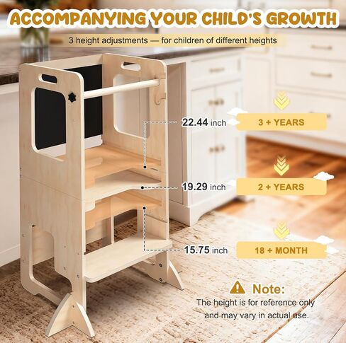 Toddler Kitchen Step Stool, Adjustable Height Learning Standing Tower with Blackboard, Wooden Kitchen Stool Helper for Kids, 1-3 Year Old Boy Girl Gifts in Saudi Arabia