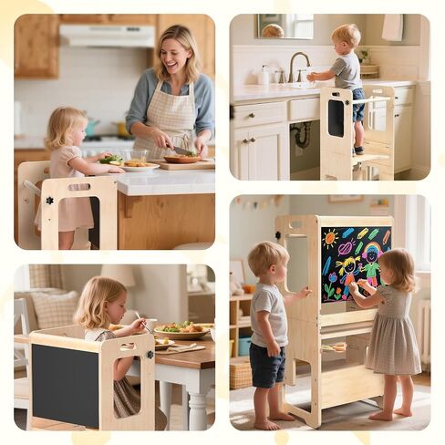 Toddler Kitchen Step Stool, Adjustable Height Learning Standing Tower with Blackboard, Wooden Kitchen Stool Helper for Kids, 1-3 Year Old Boy Girl Gifts in Saudi Arabia