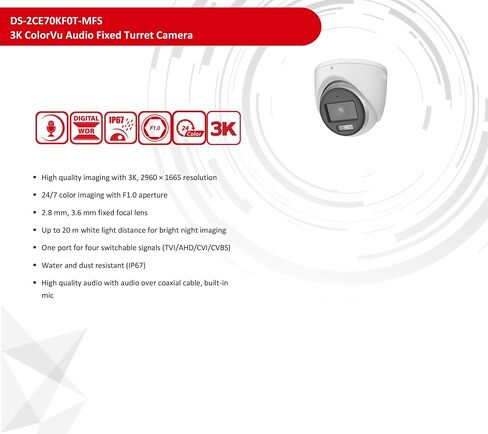 DS-2CE70KF0T-MFS 3K 5MP ColorVu Turret Analog Camera 2.8mm 4 in 1 TVI | Color-Vu Wired CCTV Coax Analog Camera for DVR System 65ft Color Night Vision in Saudi Arabia