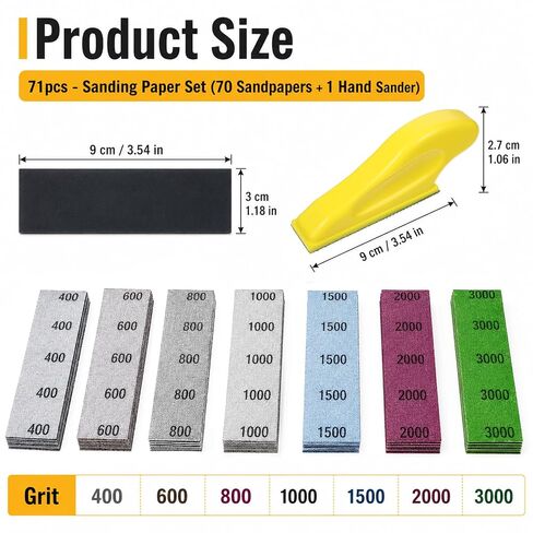 70PCS Fine Grit Sandpaper, Micro Detail Sander Paper Kit, Wet Dry Sandpaper, Grit 400 600 800 1000 1500 2000 3000, 3.5"x 1"Hand Sanding Block with Hook and Loop Sanding Strips for Crafts Woodworking in Saudi Arabia